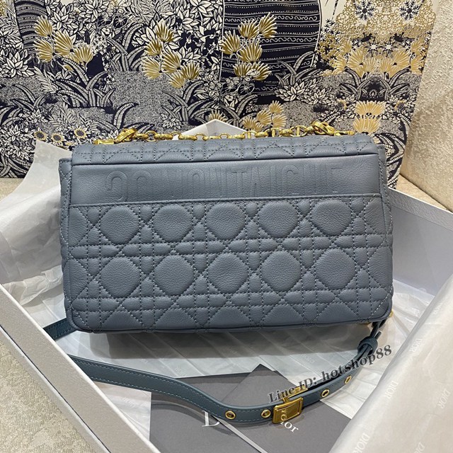 Dior專櫃2022新款小牛皮caro女包 迪奧經典菱格紋caro bag霧霾藍中號肩背包 fkd1320